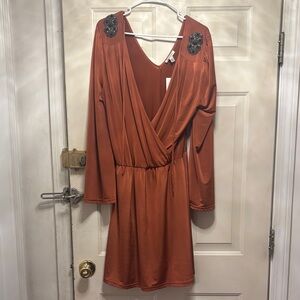 Boston Proper Rust Long Sleeve Dress with Sequin Accents